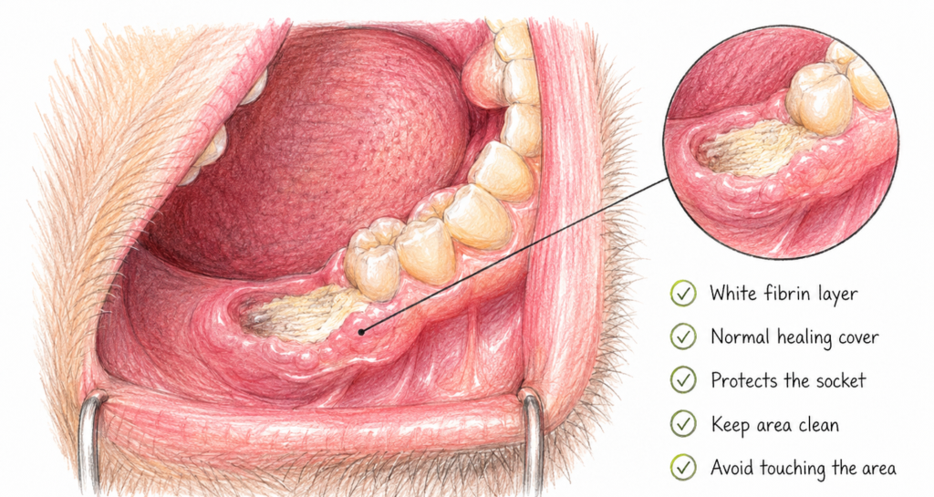 White Fibrin Film Over the Socket 